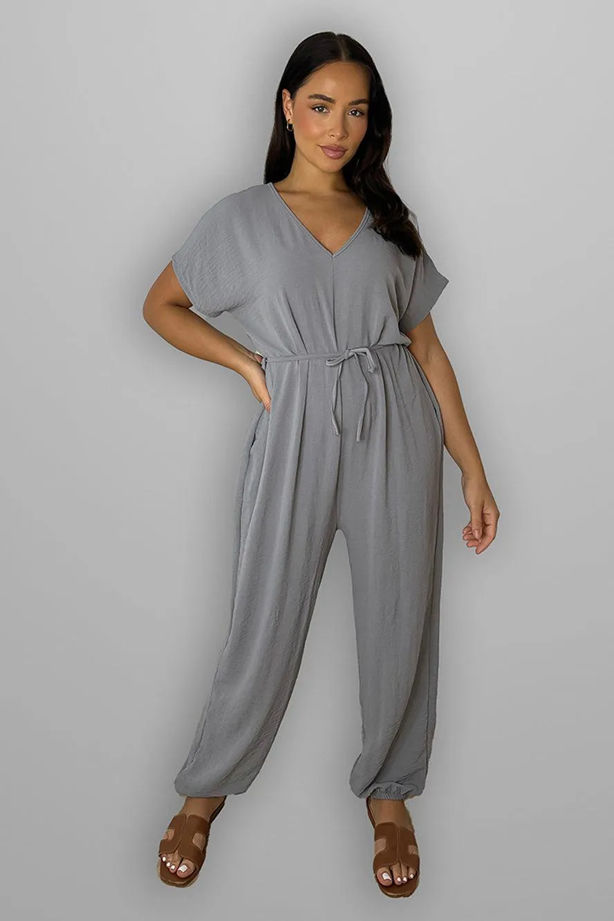 V-Neck Waist Tie Jumpsuit