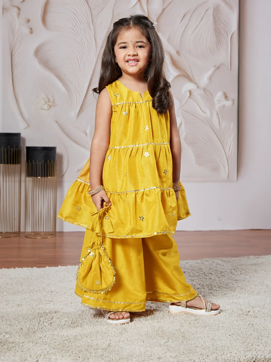 VASTRAMAY Girls' Mustard Kurta Palazzo Set With Potli