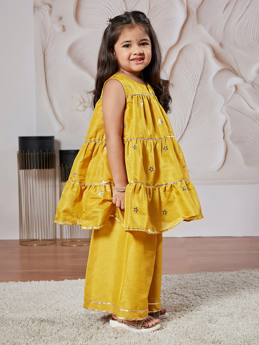 VASTRAMAY Girls' Mustard Kurta Palazzo Set With Potli