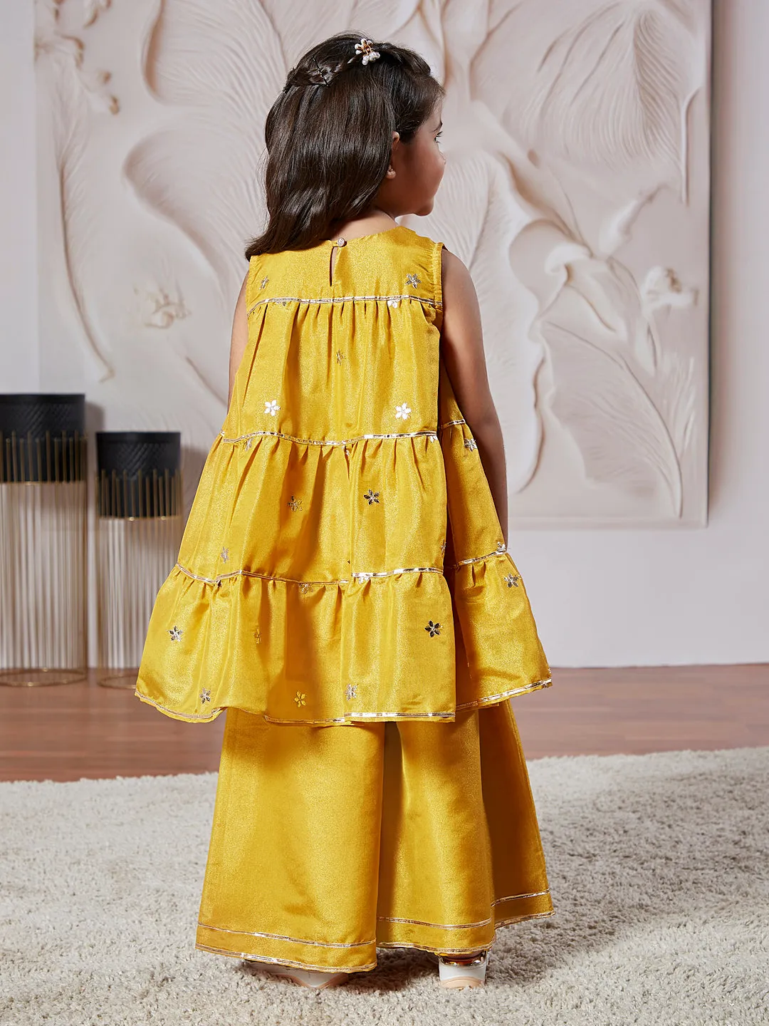 VASTRAMAY Girls' Mustard Kurta Palazzo Set With Potli