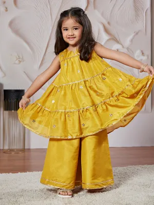VASTRAMAY Girls' Mustard Kurta Palazzo Set With Potli
