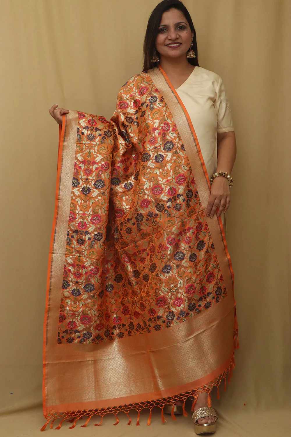 Vibrant Orange Banarasi Kimkhwab Design Silk Dupatta - Elegant and Luxurious