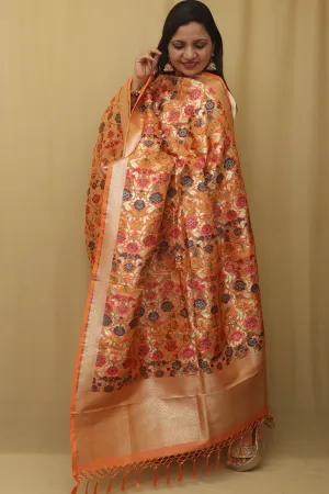 Vibrant Orange Banarasi Kimkhwab Design Silk Dupatta - Elegant and Luxurious
