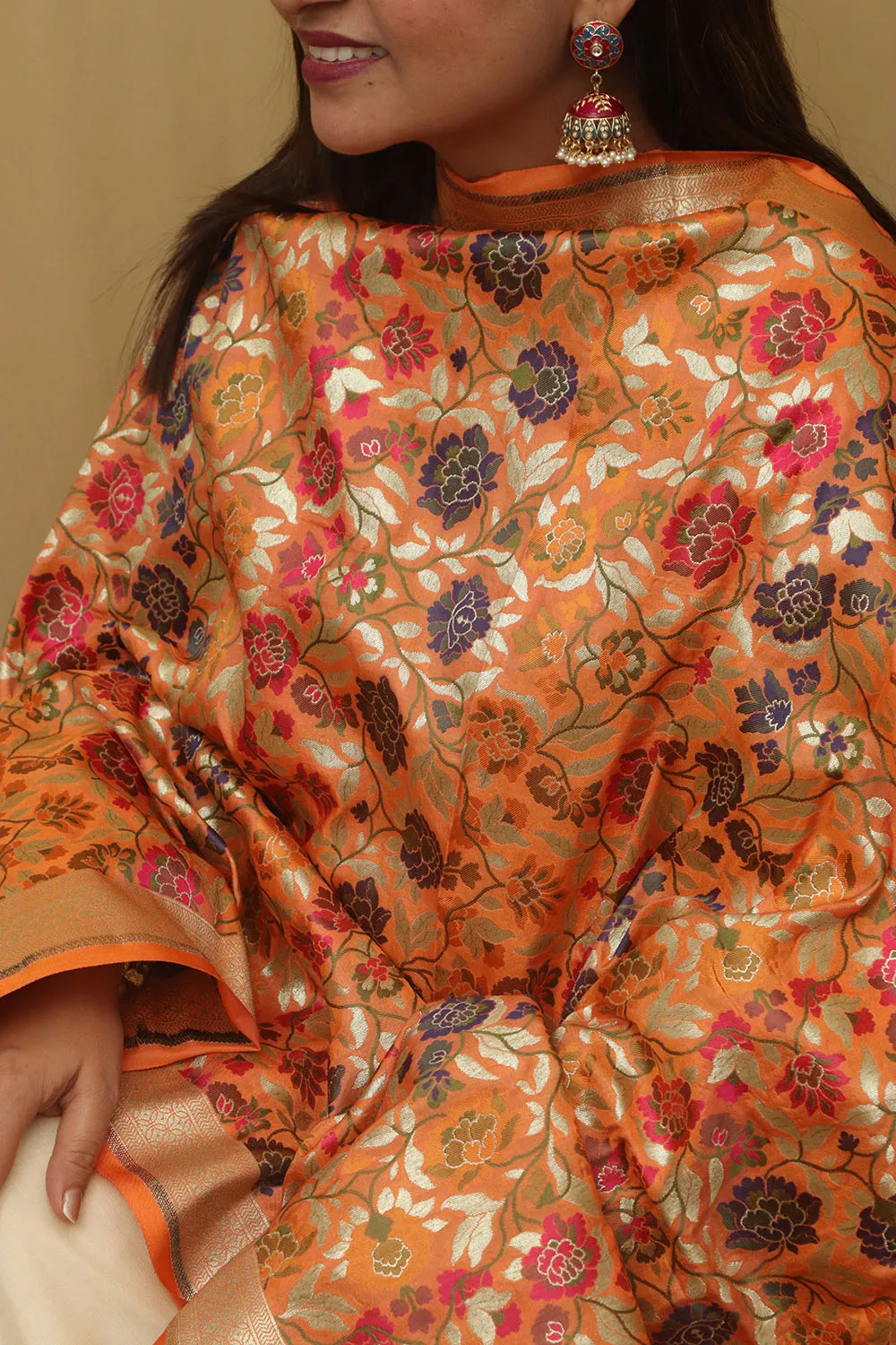 Vibrant Orange Banarasi Kimkhwab Design Silk Dupatta - Elegant and Luxurious