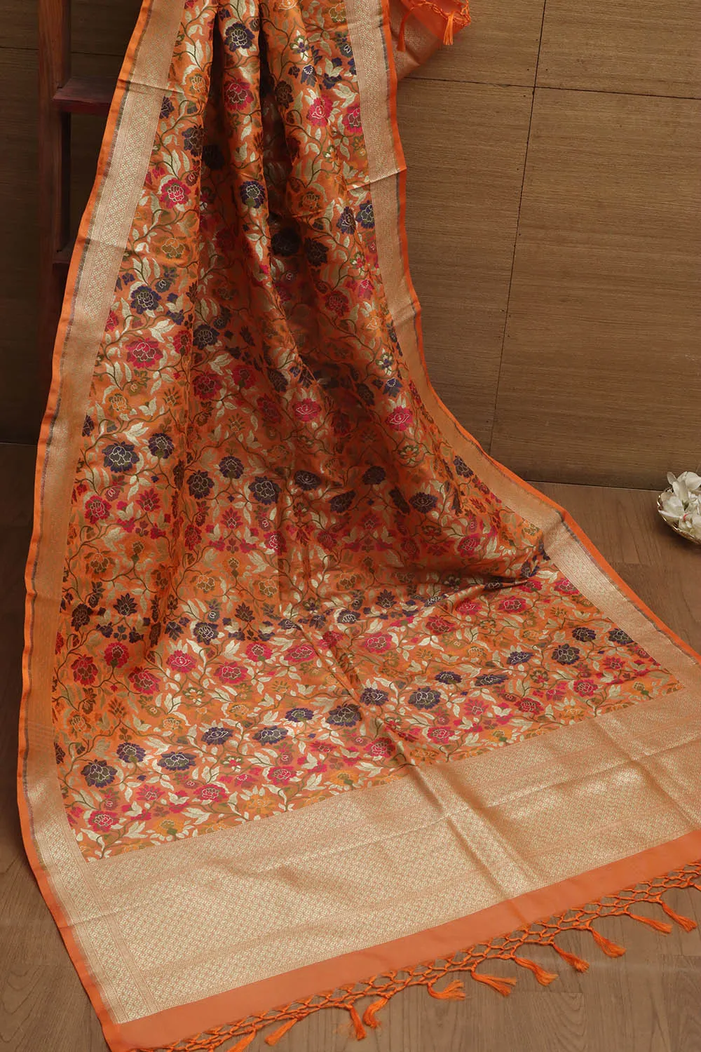 Vibrant Orange Banarasi Kimkhwab Design Silk Dupatta - Elegant and Luxurious