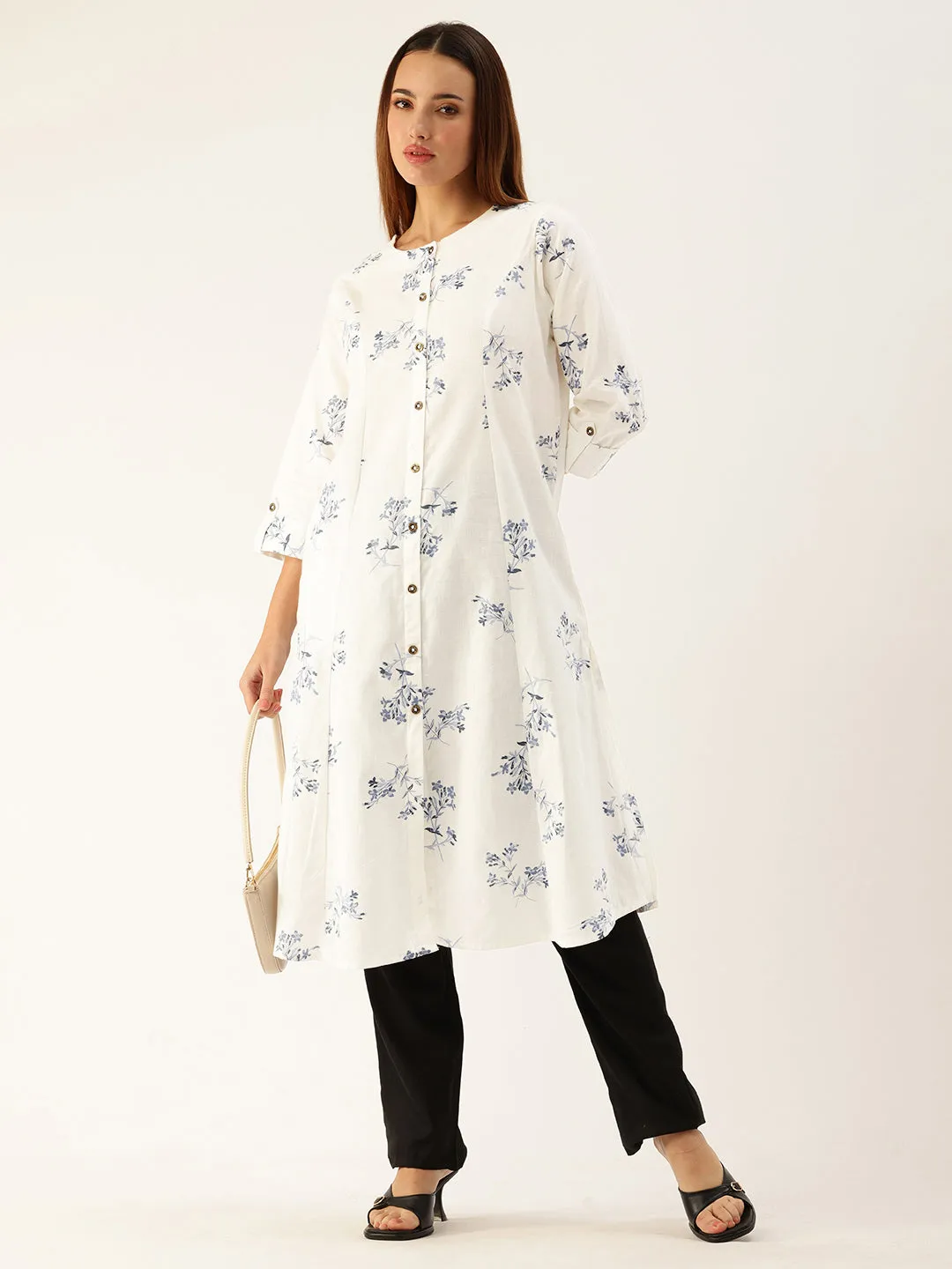 White Floral Printed Cotton Kurta