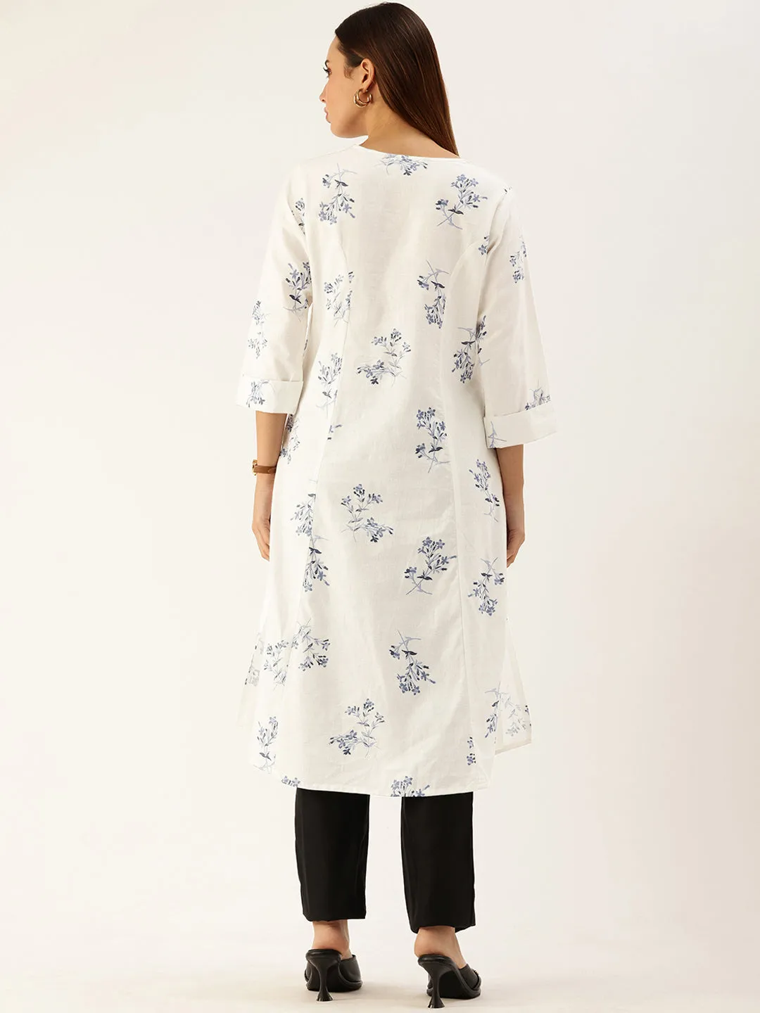 White Floral Printed Cotton Kurta