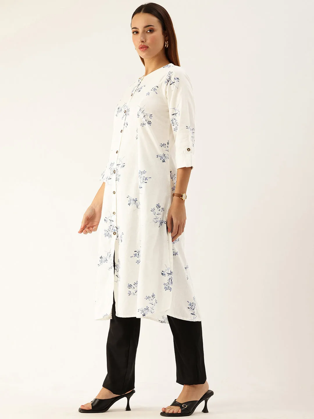 White Floral Printed Cotton Kurta