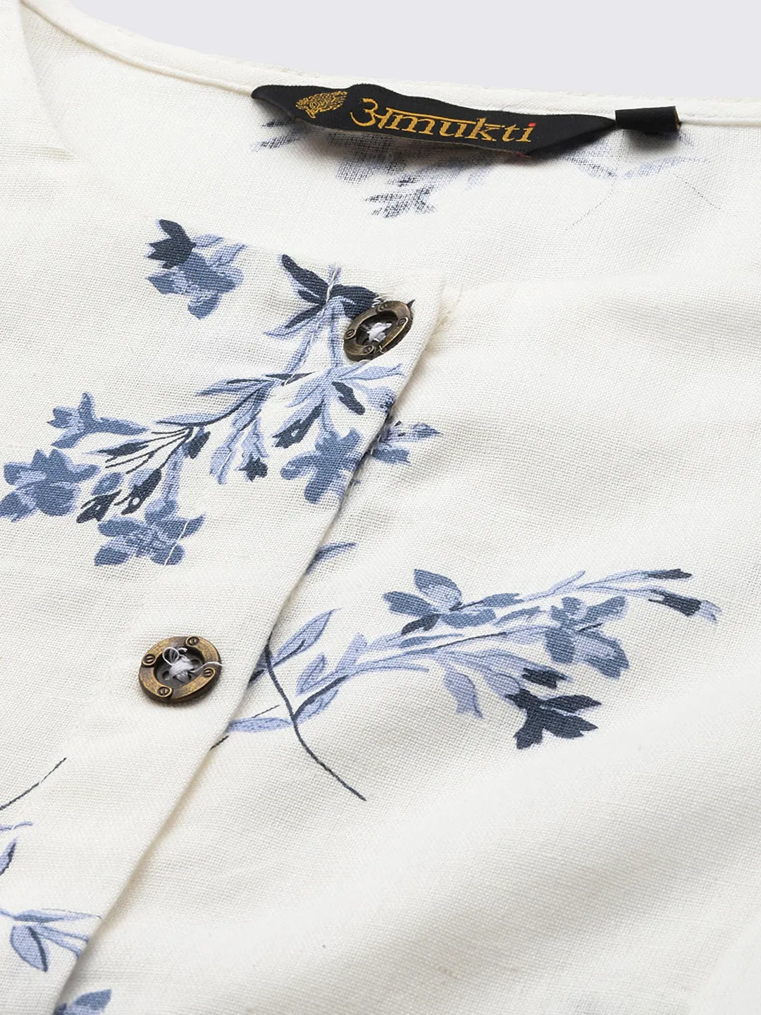 White Floral Printed Cotton Kurta