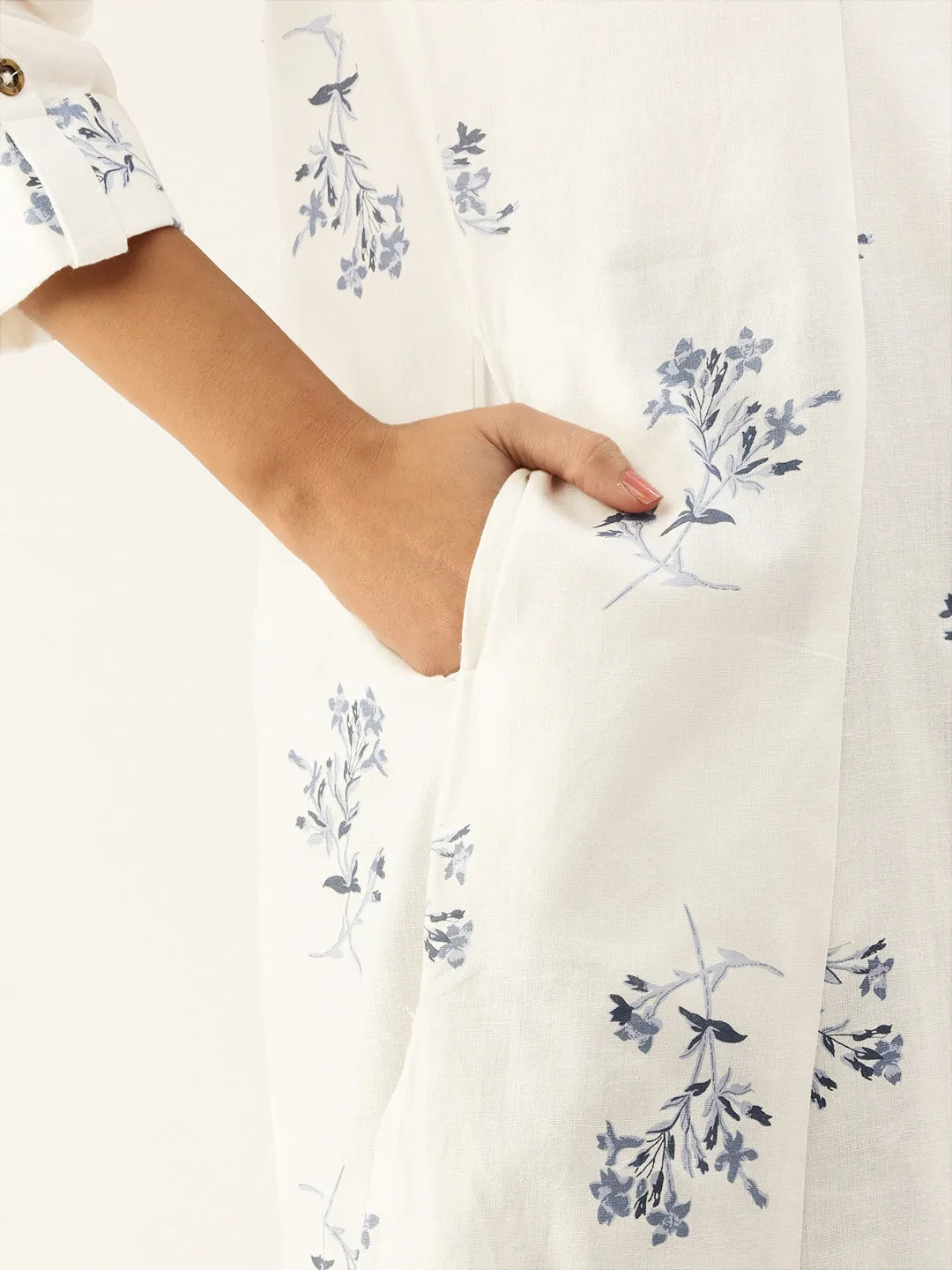 White Floral Printed Cotton Kurta