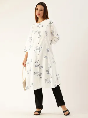 White Floral Printed Cotton Kurta