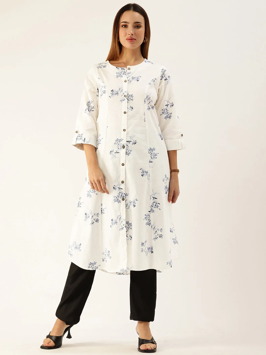 White Floral Printed Cotton Kurta