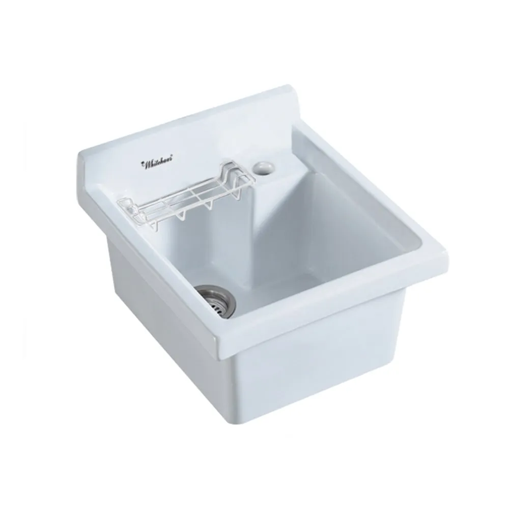 Whitehaus WH474-53 Vitreous China Single Bowl, Drop-in Sink with Wire Basket and 3.5" Off Center Drain