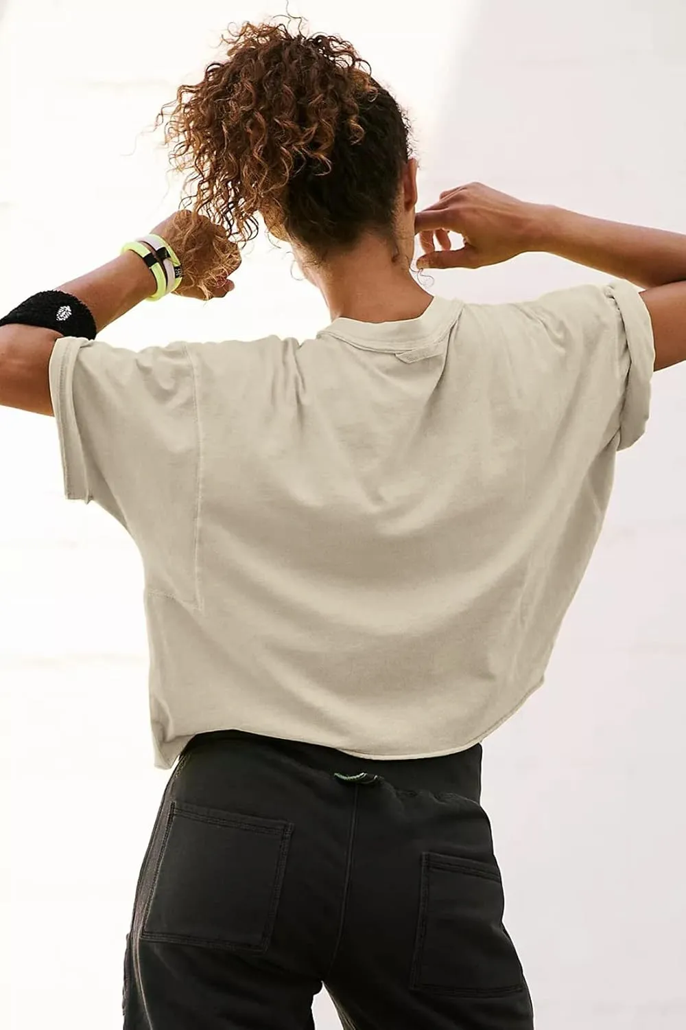 Women's Oversize Workout Crop Tops Casual Short Sleeve Drop Shoulder Boxy T-Shirts Roll Hem Basic Loose Yoga Running Tees
