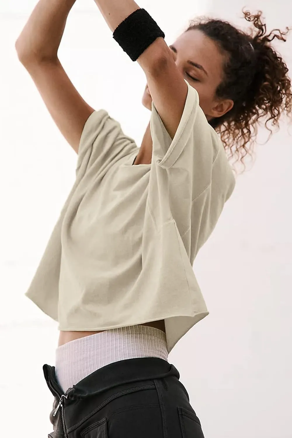 Women's Oversize Workout Crop Tops Casual Short Sleeve Drop Shoulder Boxy T-Shirts Roll Hem Basic Loose Yoga Running Tees